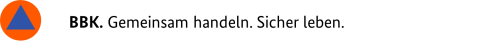 BBK-Claim bestehend aus dem Zivilschutzzeichen und dem Text: "BBK. Gemeinsam handeln. Sicher leben."